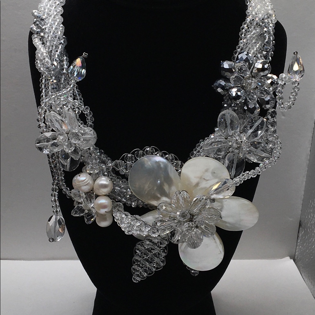 Beautiful Massive Crystal & Mother Of Pearl Flower Necklace